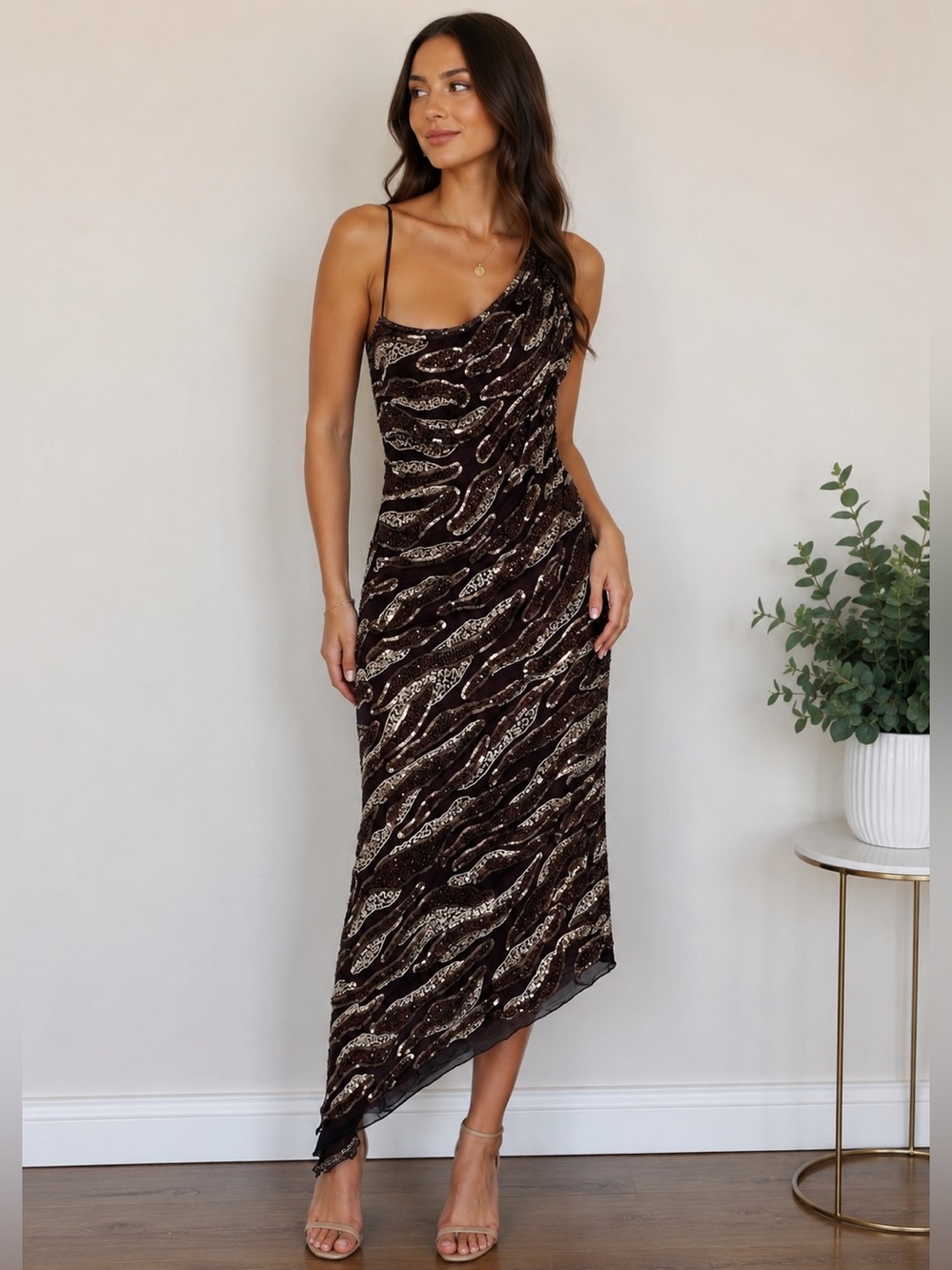 Asymmetrical Womens Sequin Embellished Dress in Brown and Cream